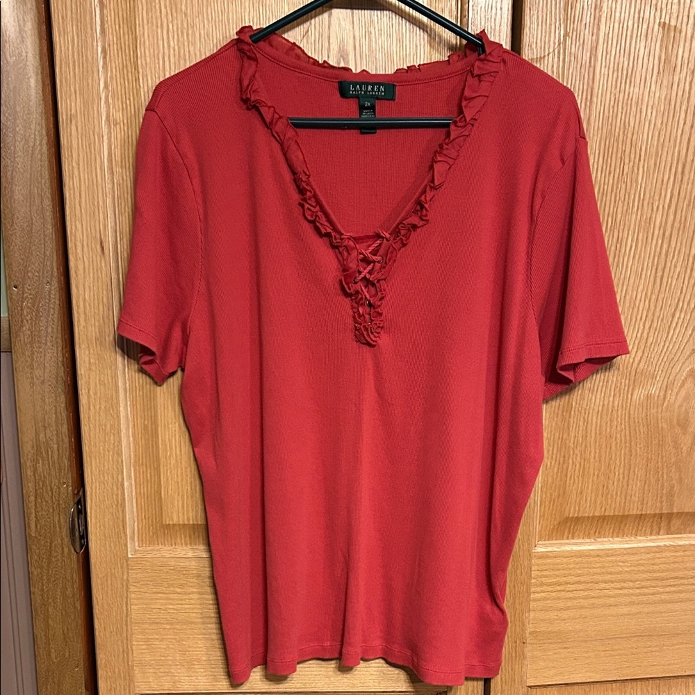 Ralph Lauren Red Ruffle V-Neck Tee